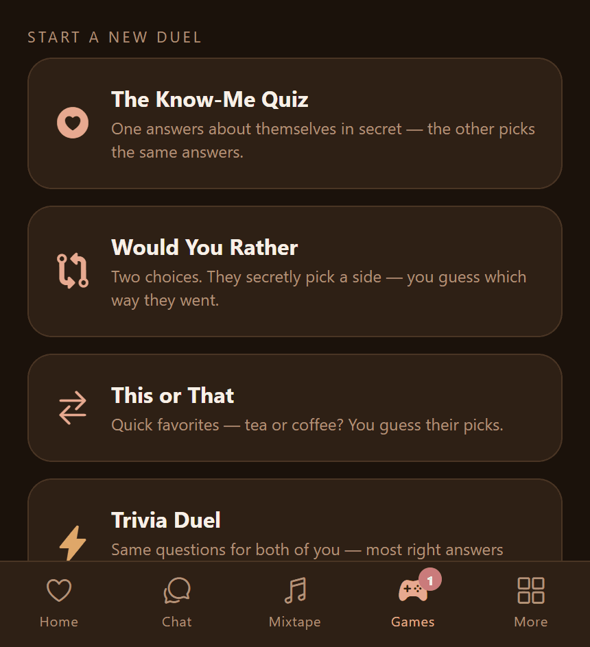 The Games tab: The Know-Me Quiz, Would You Rather, This or That, and Trivia Duel