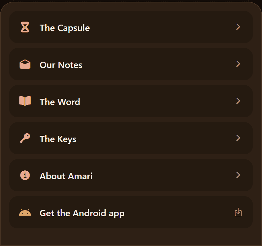 The More tab: The Capsule, Our Notes, The Word, The Keys, About Amari, Get the Android app